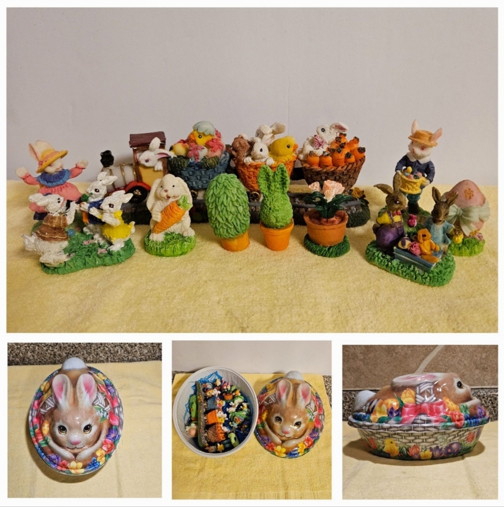 Easter Bunny Village Figurines With Bonus Collectible Rabbit Holder